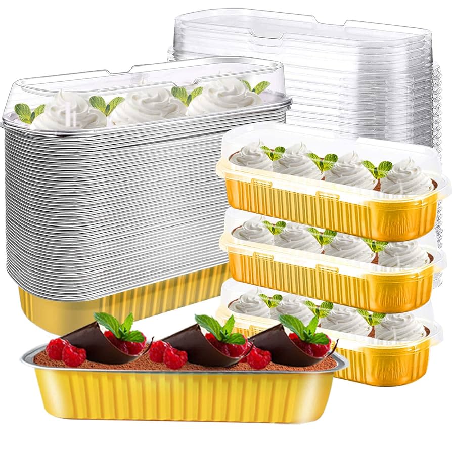 Ταψάκι χρυσό αλλουμινίου μακρόστενο με διάφανο καπάκι σετ 10 τεμ.