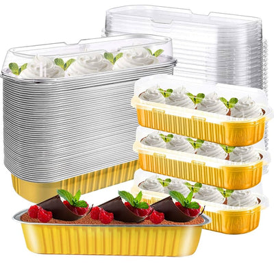 Ταψάκι χρυσό αλλουμινίου μακρόστενο με διάφανο καπάκι σετ 10 τεμ.