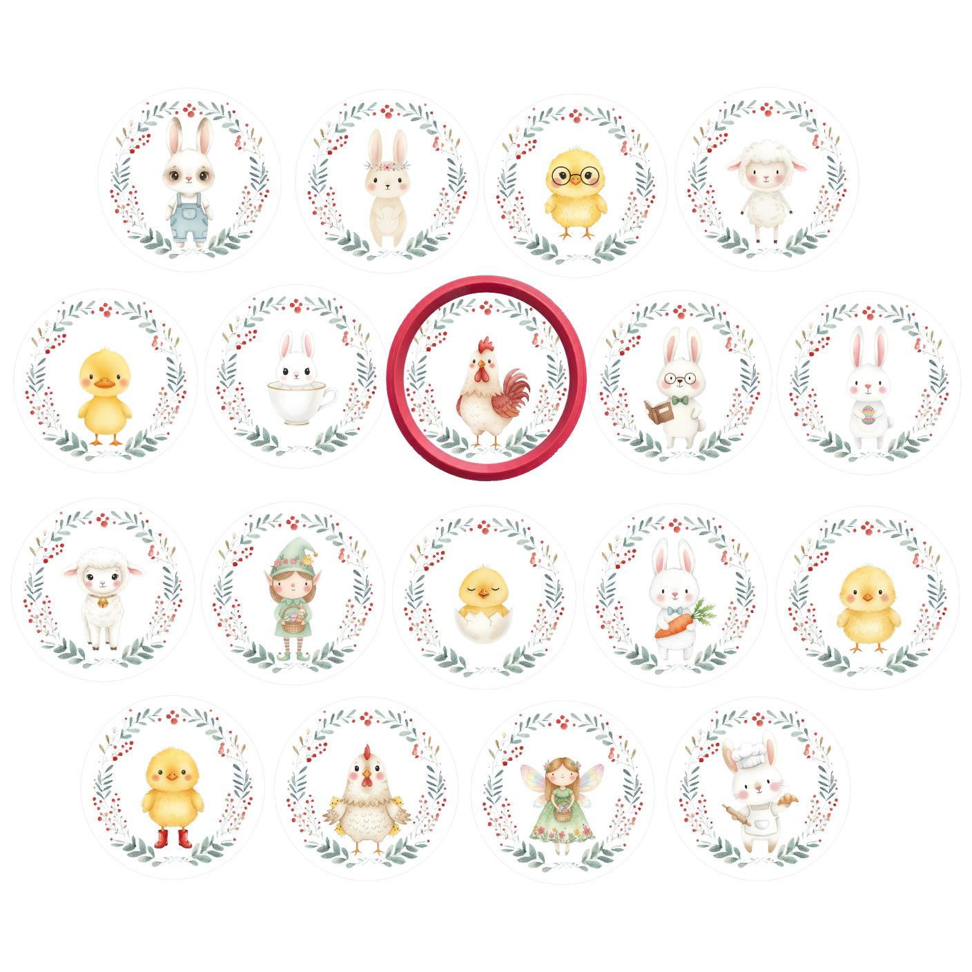 Βρώσιμα σχέδια στρογυλά πασχαλινά ζωάκια σετ 18 τεμ. + Δώρο κουπάτ μπισκότου